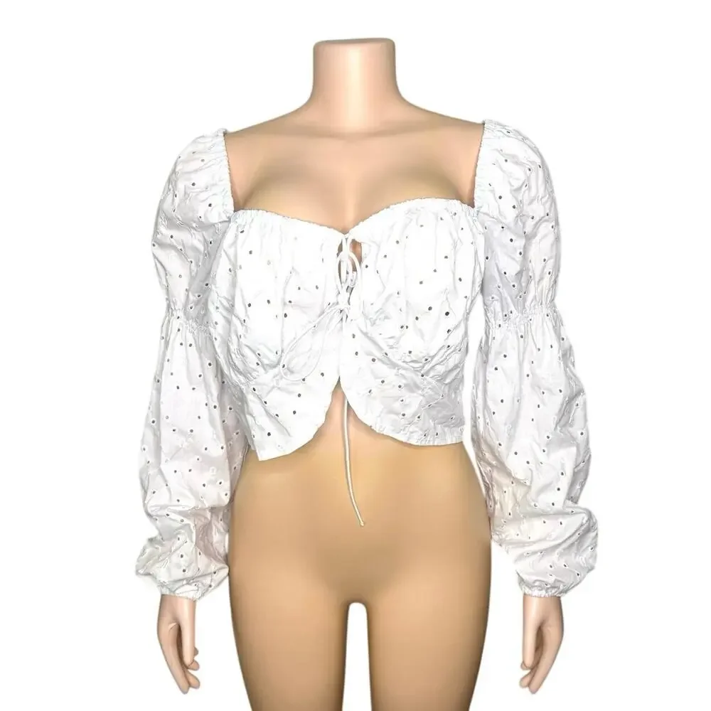 H&M Divided White Eyelet Tie Front Long Sleeve Balloon Top Size XL Blouse - Picture 1 of 10
